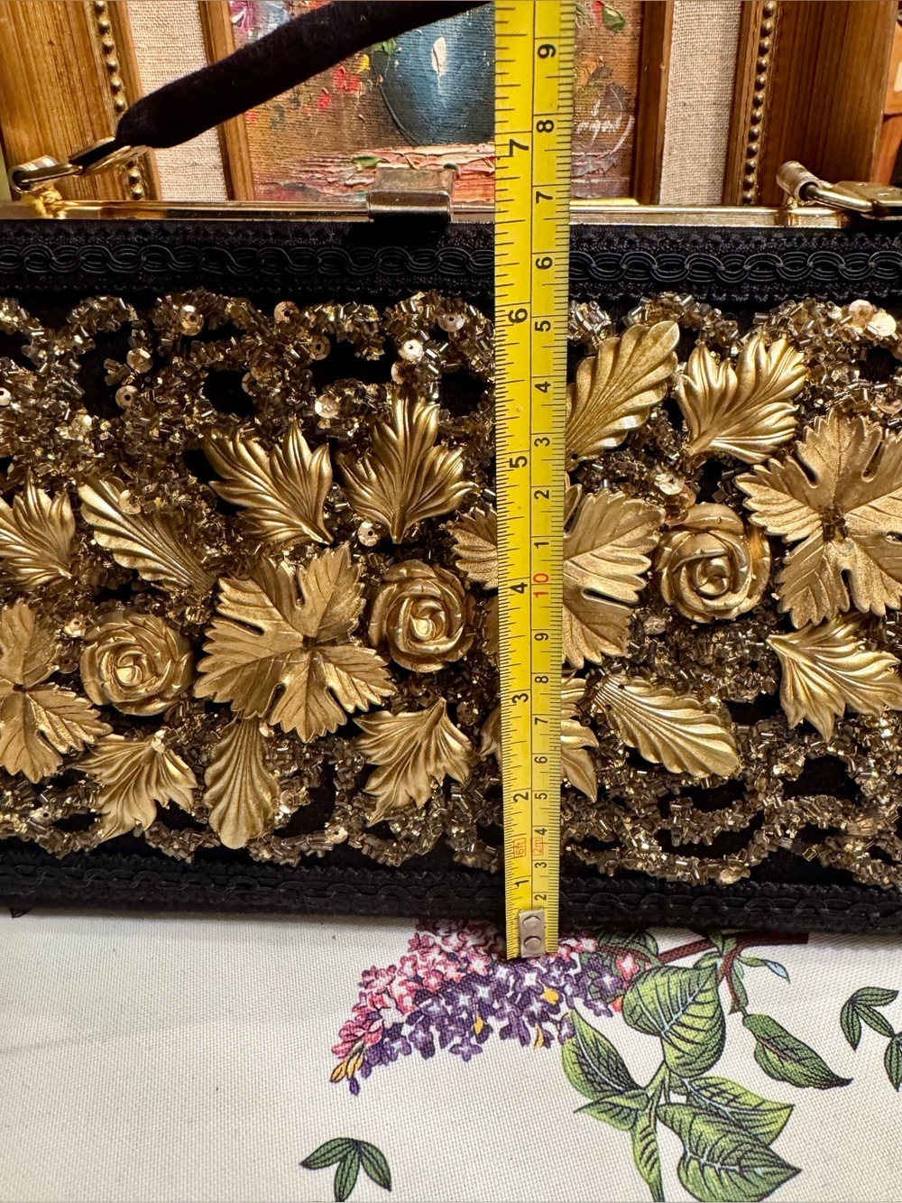 Black Clutch with Gold Floral Embellishment - Picture 4 of 8
